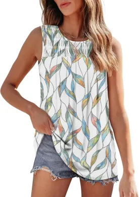 OFEEFAN Womens Tank Tops Summer Pleated Crew Neck Sleeveless Tops for Women Ruched Loose