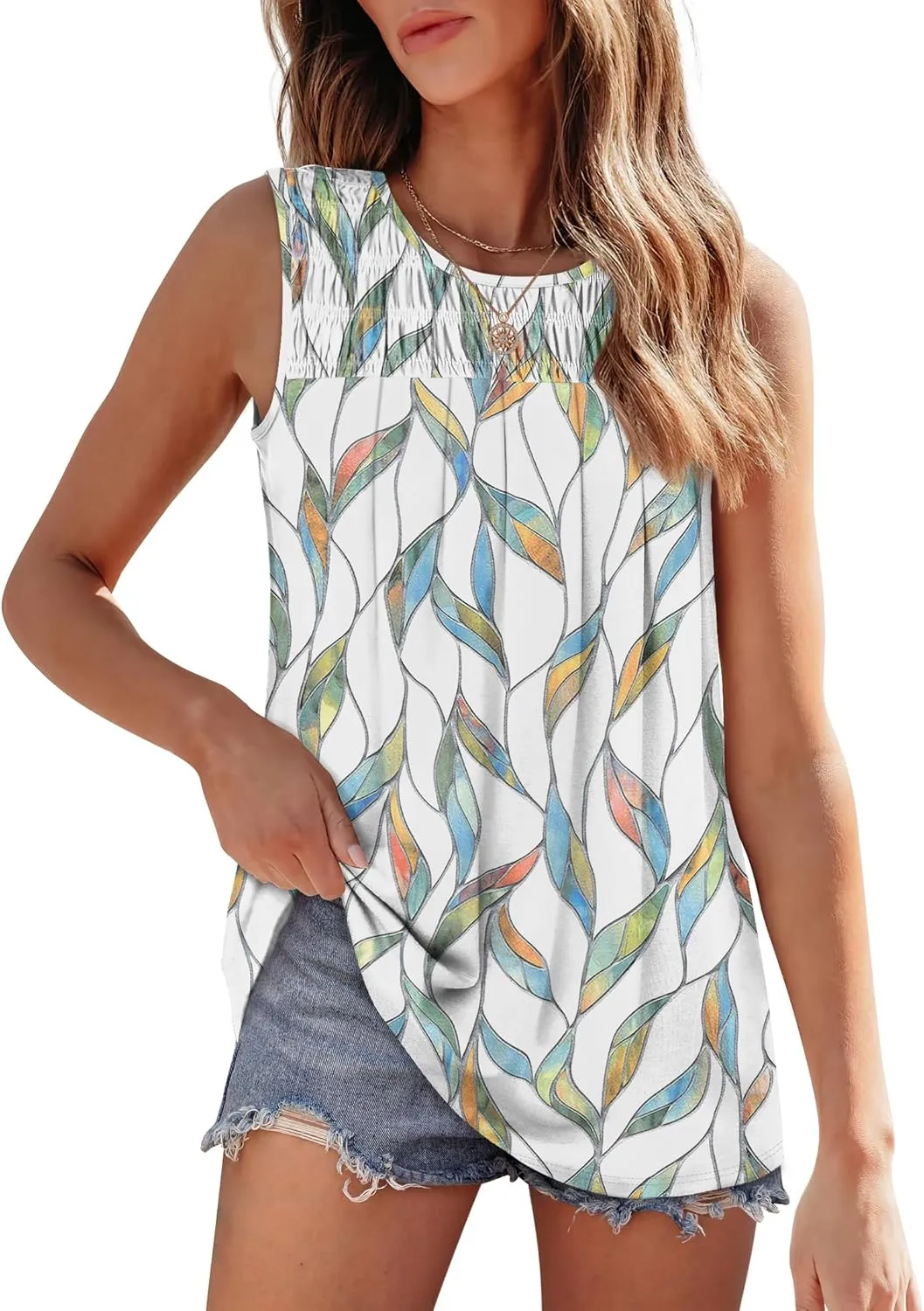 OFEEFAN Womens Tank Tops Summer Pleated Crew Neck Sleeveless Tops for Women Ruched Loose