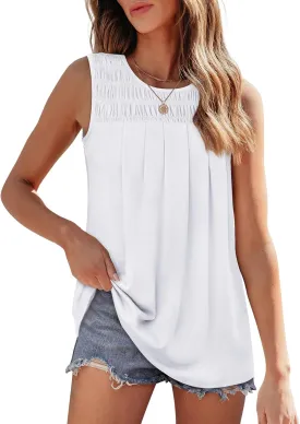 OFEEFAN Womens Tank Tops Summer Pleated Crew Neck Sleeveless Tops for Women Ruched Loose