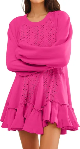 Oversized Sweatshirt Dress for Women Hollow Out Tunic Tops Casual Crew Neck Patchwork Ruffle Hem Flowy Dresses