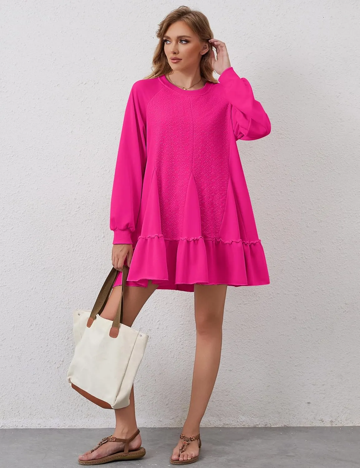 Oversized Sweatshirt Dress for Women Hollow Out Tunic Tops Casual Crew Neck Patchwork Ruffle Hem Flowy Dresses