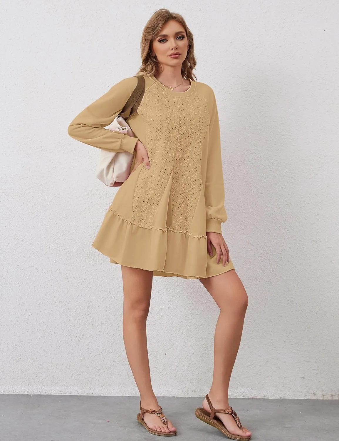 Oversized Sweatshirt Dress for Women Hollow Out Tunic Tops Casual Crew Neck Patchwork Ruffle Hem Flowy Dresses