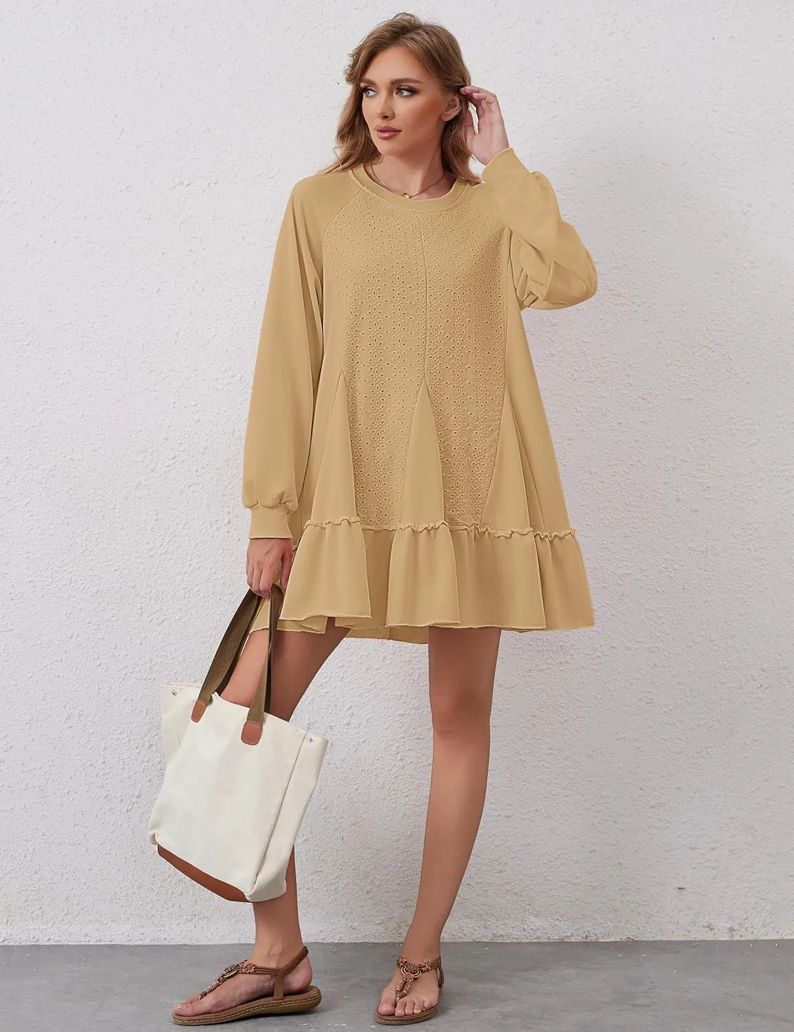 Oversized Sweatshirt Dress for Women Hollow Out Tunic Tops Casual Crew Neck Patchwork Ruffle Hem Flowy Dresses