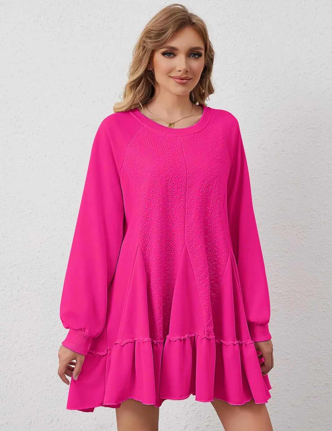 Oversized Sweatshirt Dress for Women Hollow Out Tunic Tops Casual Crew Neck Patchwork Ruffle Hem Flowy Dresses