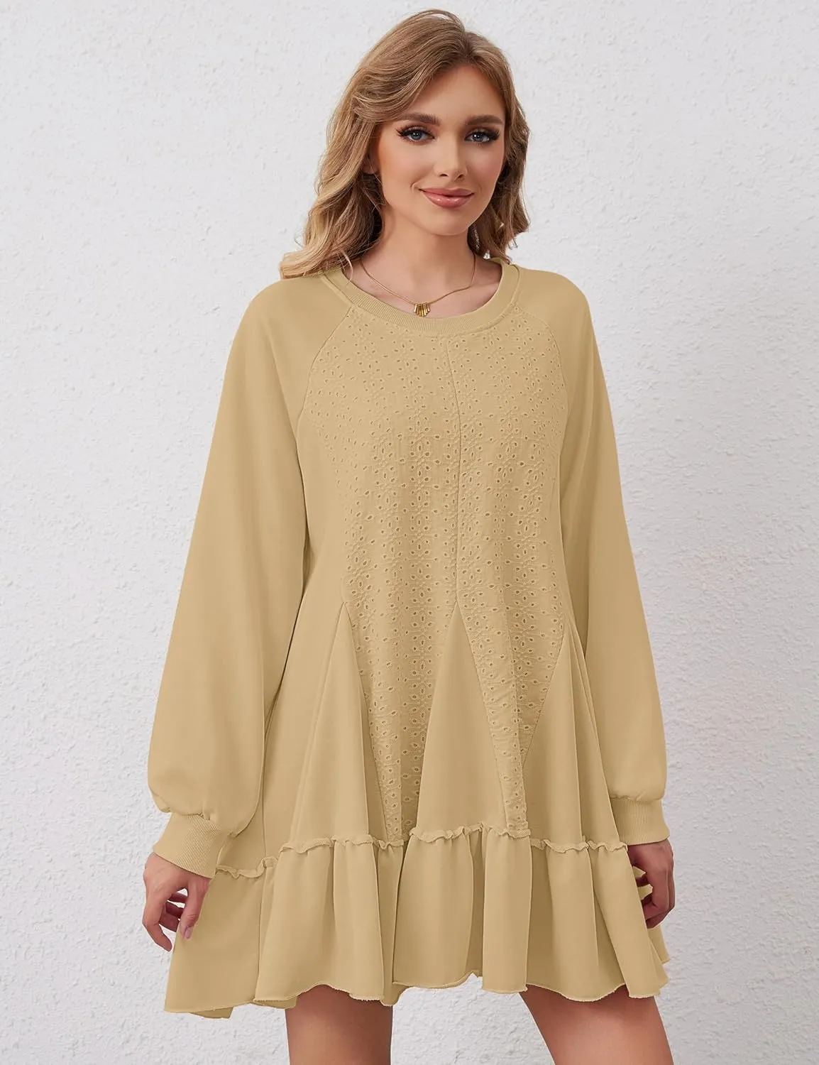 Oversized Sweatshirt Dress for Women Hollow Out Tunic Tops Casual Crew Neck Patchwork Ruffle Hem Flowy Dresses