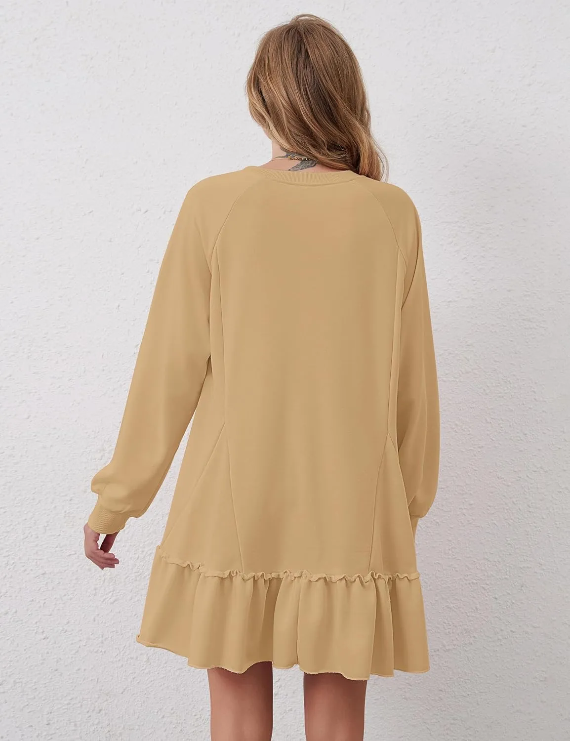 Oversized Sweatshirt Dress for Women Hollow Out Tunic Tops Casual Crew Neck Patchwork Ruffle Hem Flowy Dresses