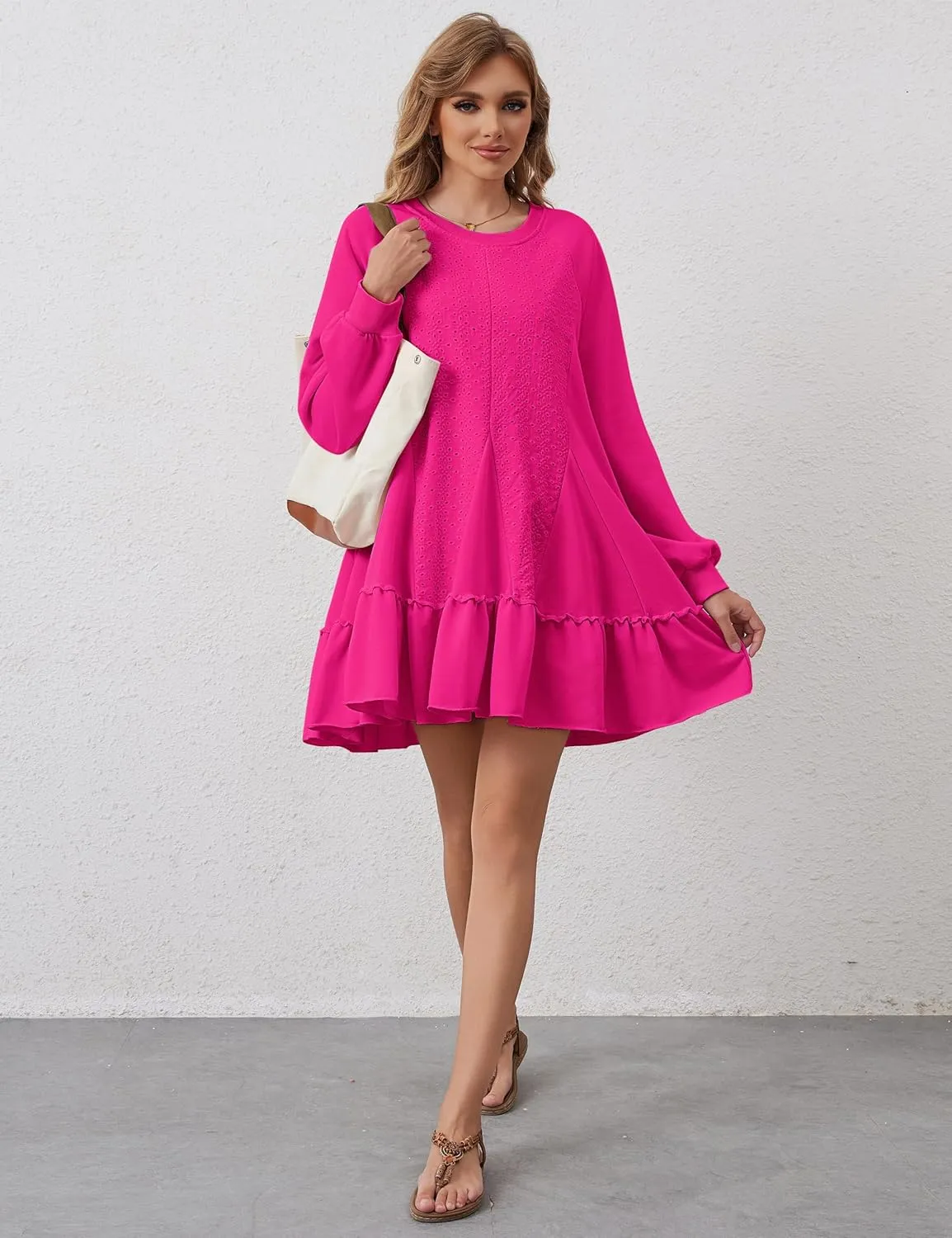 Oversized Sweatshirt Dress for Women Hollow Out Tunic Tops Casual Crew Neck Patchwork Ruffle Hem Flowy Dresses