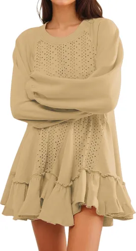 Oversized Sweatshirt Dress for Women Hollow Out Tunic Tops Casual Crew Neck Patchwork Ruffle Hem Flowy Dresses
