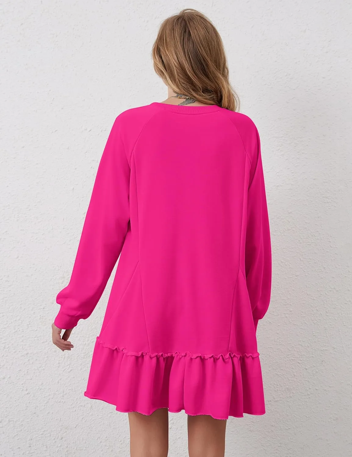 Oversized Sweatshirt Dress for Women Hollow Out Tunic Tops Casual Crew Neck Patchwork Ruffle Hem Flowy Dresses