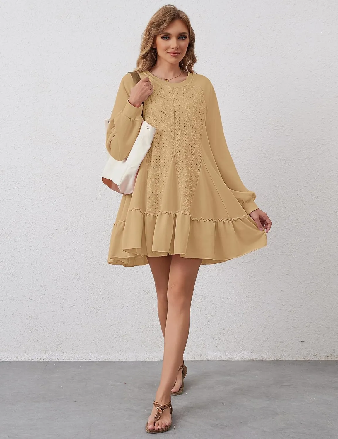 Oversized Sweatshirt Dress for Women Hollow Out Tunic Tops Casual Crew Neck Patchwork Ruffle Hem Flowy Dresses