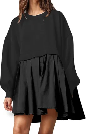 Oversized Sweatshirt Dress Women Long Sleeve Crew Neck Patchwork Pullover Tops Sweatshirt Jump Mini Dress