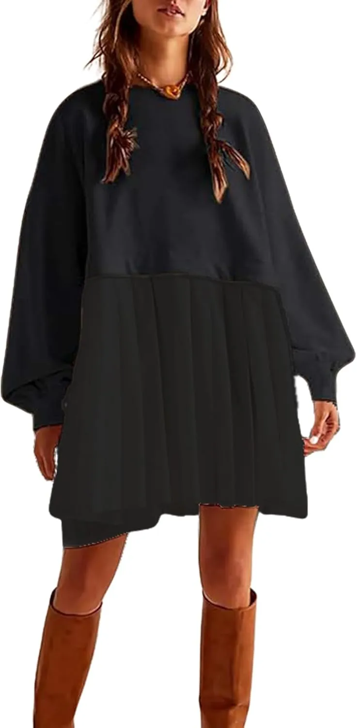 Oversized Sweatshirt Dress Women Long Sleeve Crew Neck Patchwork Pullover Tops Sweatshirt Jump Mini Dress