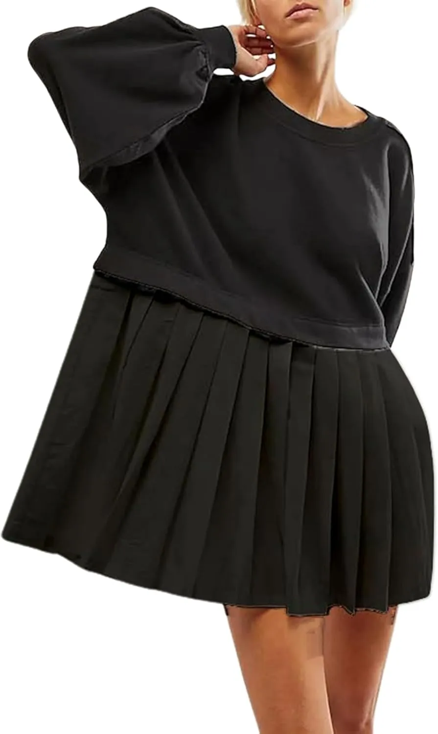 Oversized Sweatshirt Dress Women Long Sleeve Crew Neck Patchwork Pullover Tops Sweatshirt Jump Mini Dress