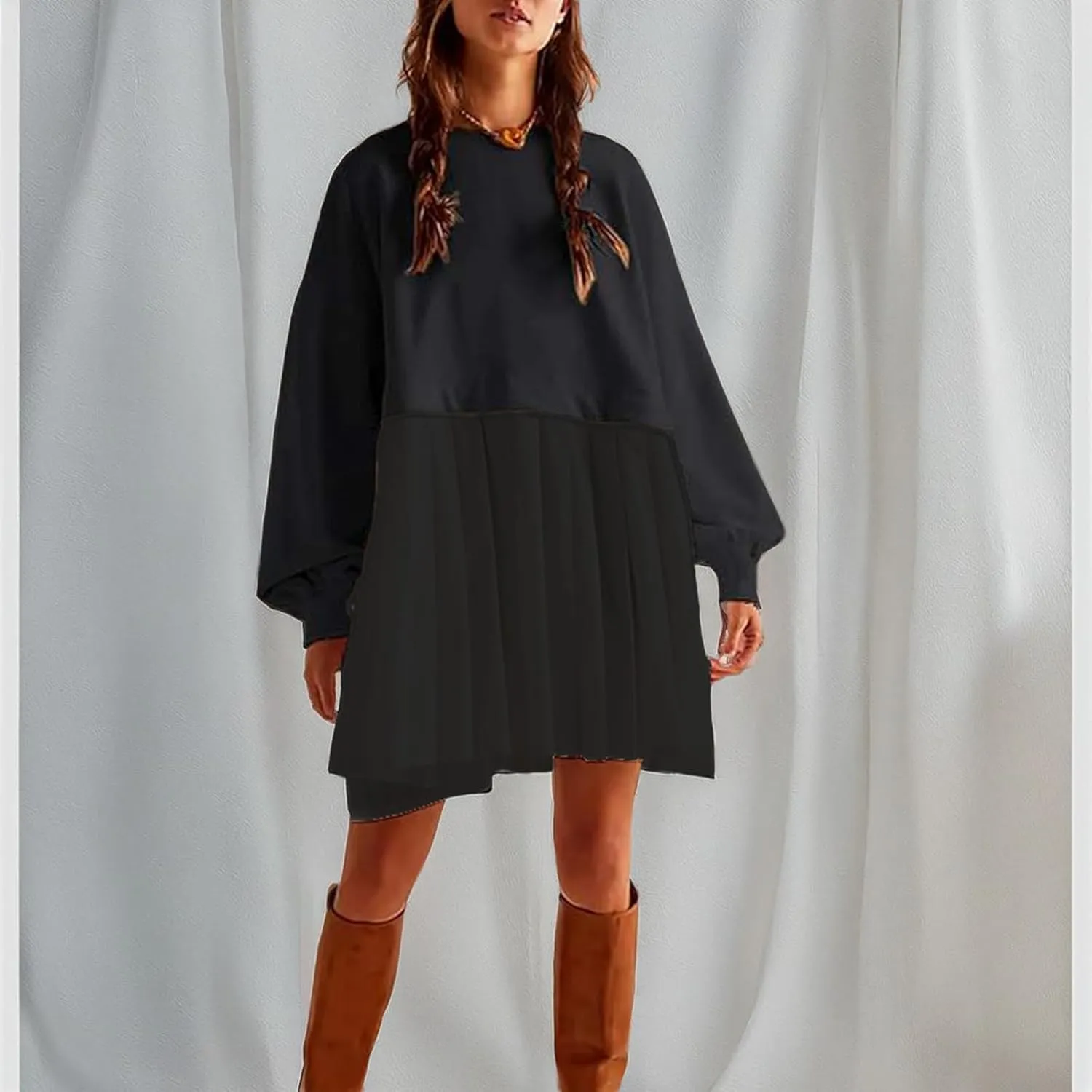 Oversized Sweatshirt Dress Women Long Sleeve Crew Neck Patchwork Pullover Tops Sweatshirt Jump Mini Dress