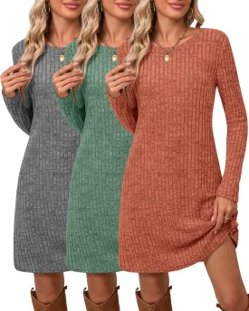 Riyiper 3 Pack Women's Long Sleeve Sweater Tunic Dresses - Loose Fitting Knit Crew Neck for Casual Fall Winter