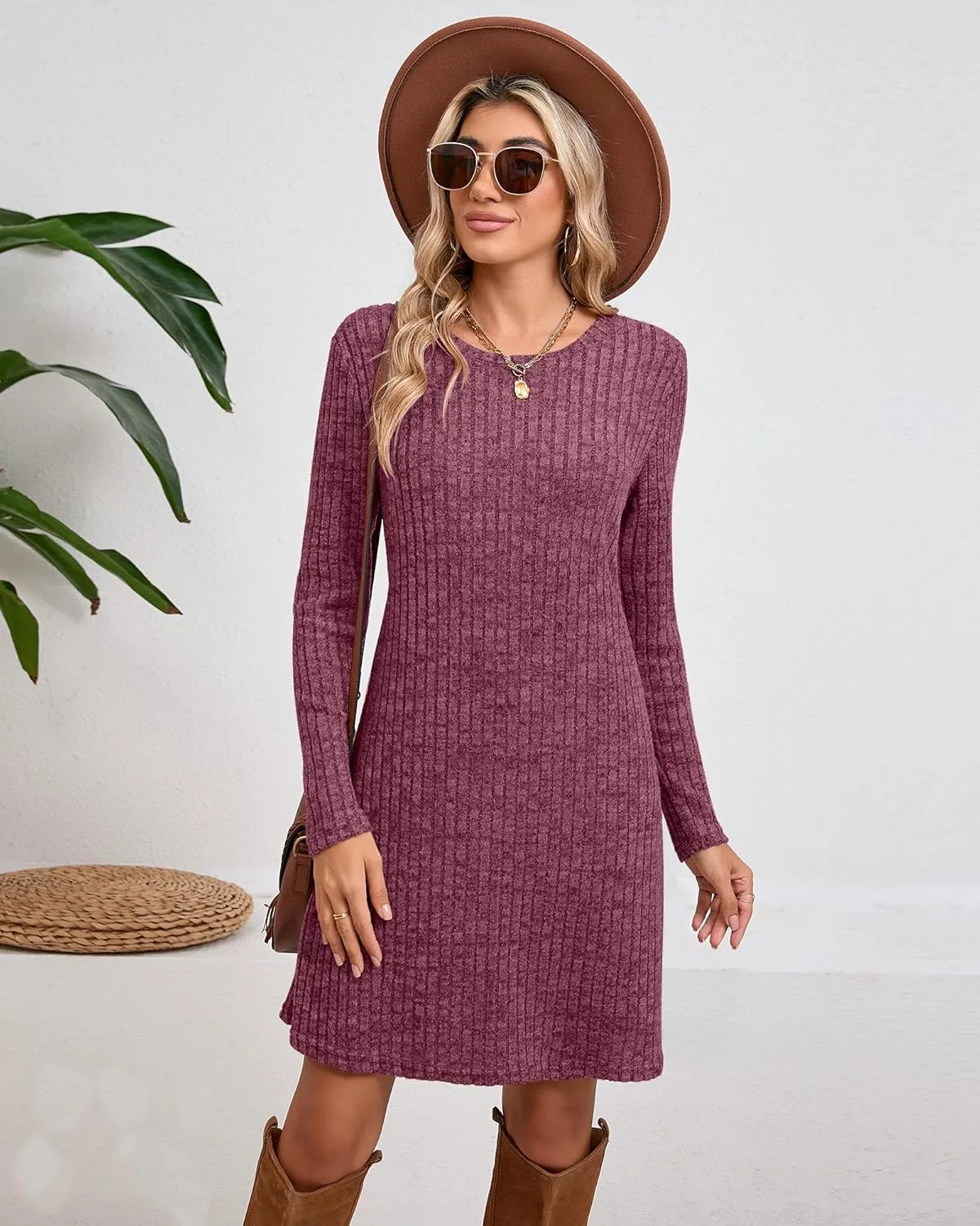 Riyiper 3 Pack Women's Long Sleeve Sweater Tunic Dresses - Loose Fitting Knit Crew Neck for Casual Fall Winter
