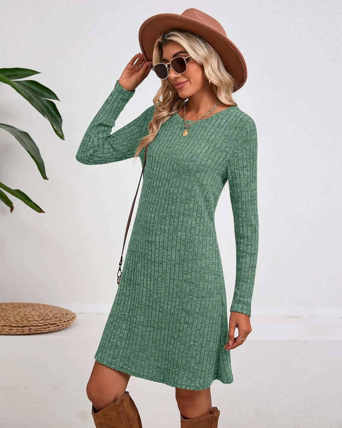 Riyiper 3 Pack Women's Long Sleeve Sweater Tunic Dresses - Loose Fitting Knit Crew Neck for Casual Fall Winter