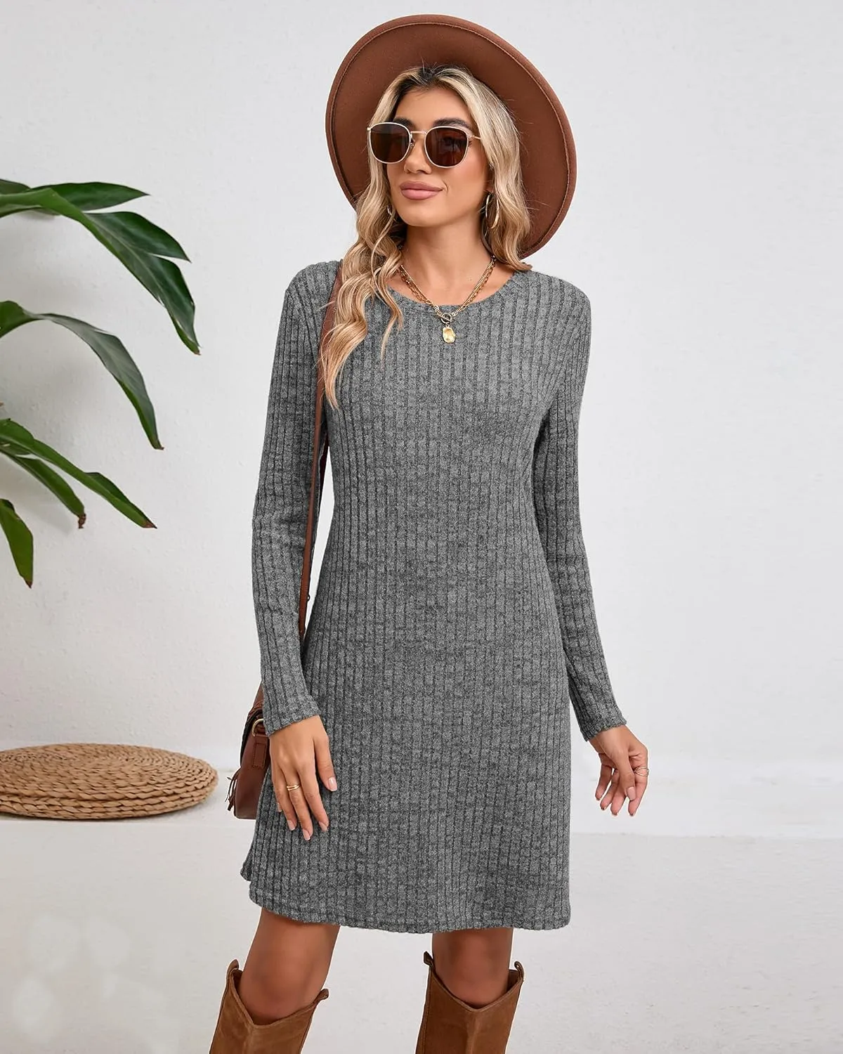 Riyiper 3 Pack Women's Long Sleeve Sweater Tunic Dresses - Loose Fitting Knit Crew Neck for Casual Fall Winter