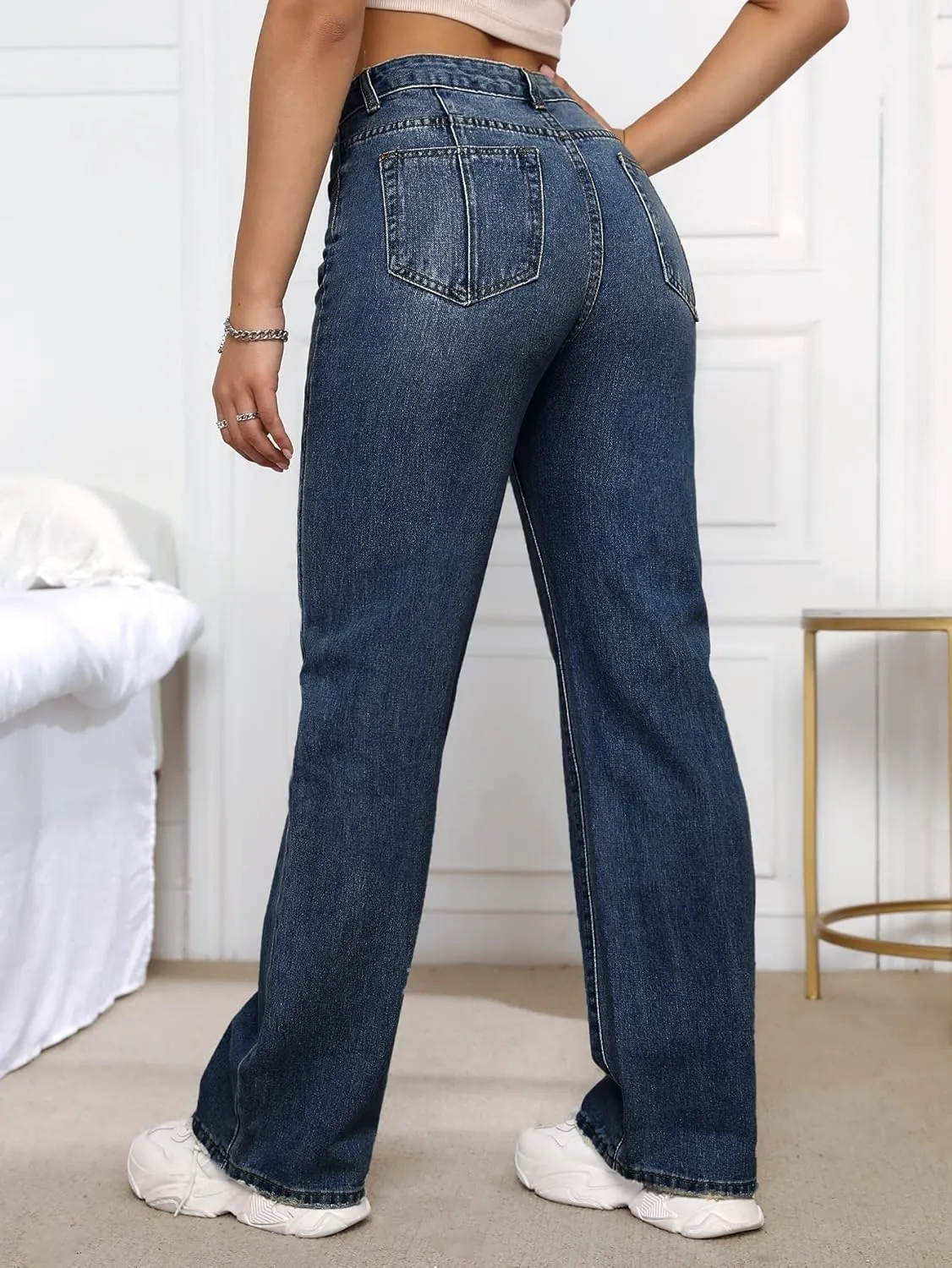 SweatyRocks Women's Casual High Waist Zip Up Mom Jeans Solid Straight Leg Denim Pants