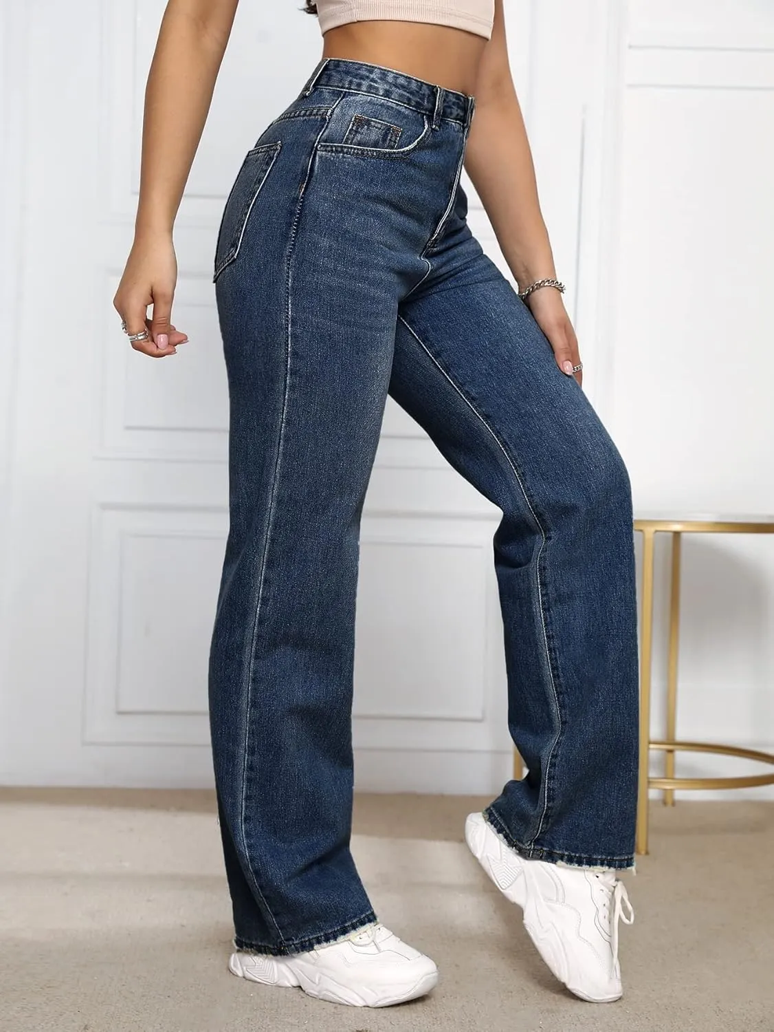 SweatyRocks Women's Casual High Waist Zip Up Mom Jeans Solid Straight Leg Denim Pants