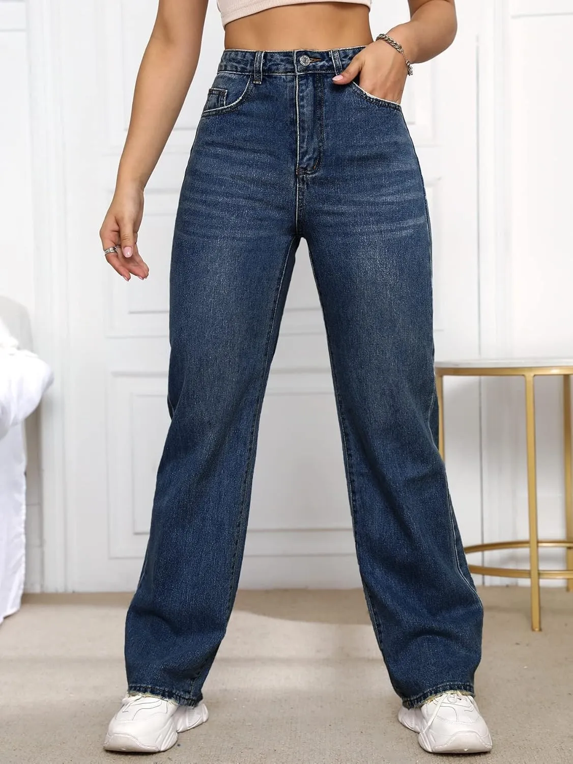 SweatyRocks Women's Casual High Waist Zip Up Mom Jeans Solid Straight Leg Denim Pants
