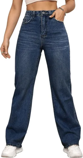 SweatyRocks Women's Casual High Waist Zip Up Mom Jeans Solid Straight Leg Denim Pants