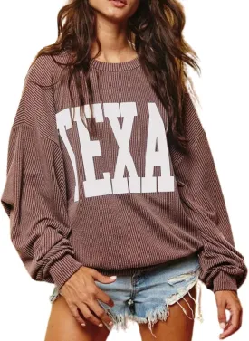 Texas Womens Sweatshirt Crewneck Long Sleeve Graphic Print Drop Shoulder Pullover Shirts Tops