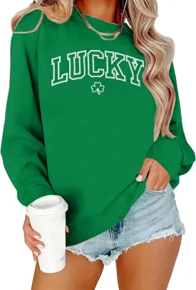 VVNTY St. Patrick's Day Sweatshirt for Women: Embroidered Lucky Shamrock Graphic Tee Shirts Paddy's Day Pullover Tops