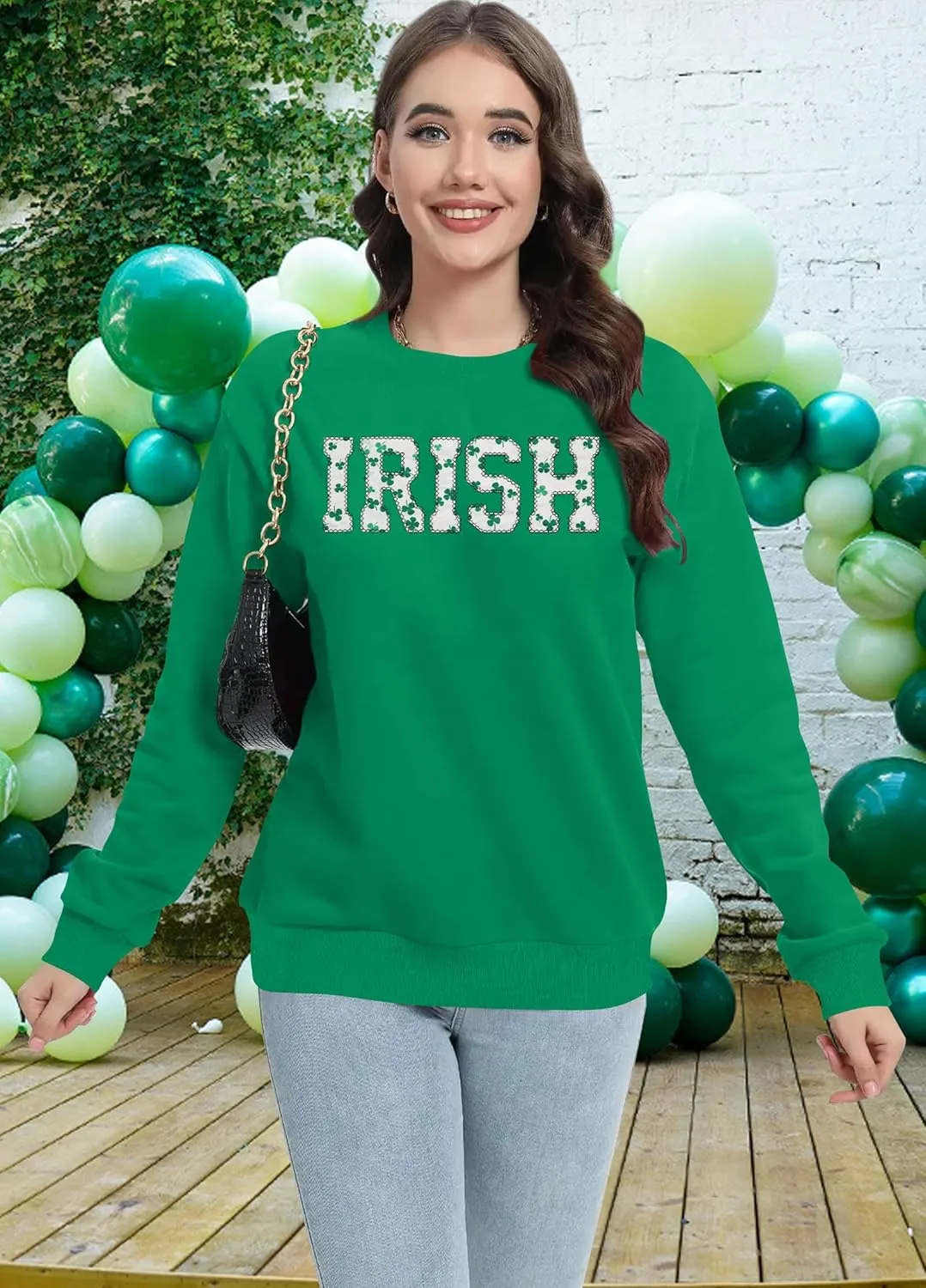 VVNTY St. Patrick's Day Sweatshirt for Women: Embroidered Lucky Shamrock Graphic Tee Shirts Paddy's Day Pullover Tops