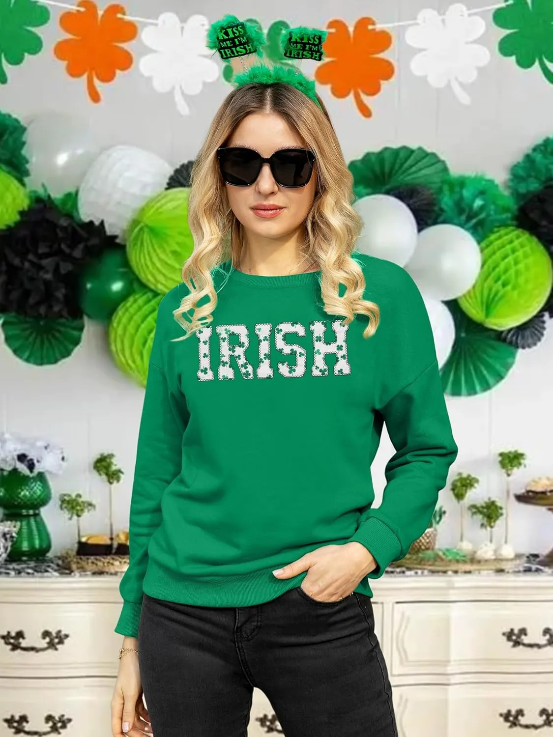 VVNTY St. Patrick's Day Sweatshirt for Women: Embroidered Lucky Shamrock Graphic Tee Shirts Paddy's Day Pullover Tops