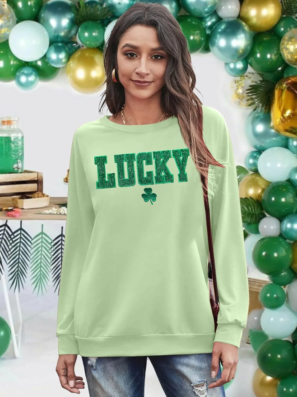 VVNTY St. Patrick's Day Sweatshirt for Women: Embroidered Lucky Shamrock Graphic Tee Shirts Paddy's Day Pullover Tops