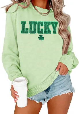 VVNTY St. Patrick's Day Sweatshirt for Women: Embroidered Lucky Shamrock Graphic Tee Shirts Paddy's Day Pullover Tops