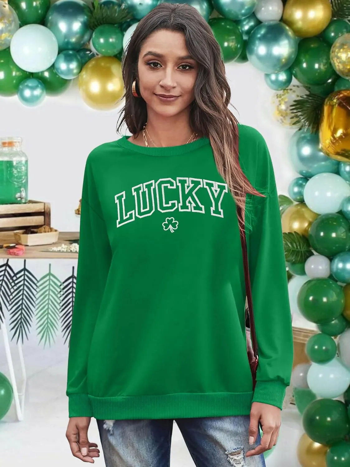 VVNTY St. Patrick's Day Sweatshirt for Women: Embroidered Lucky Shamrock Graphic Tee Shirts Paddy's Day Pullover Tops