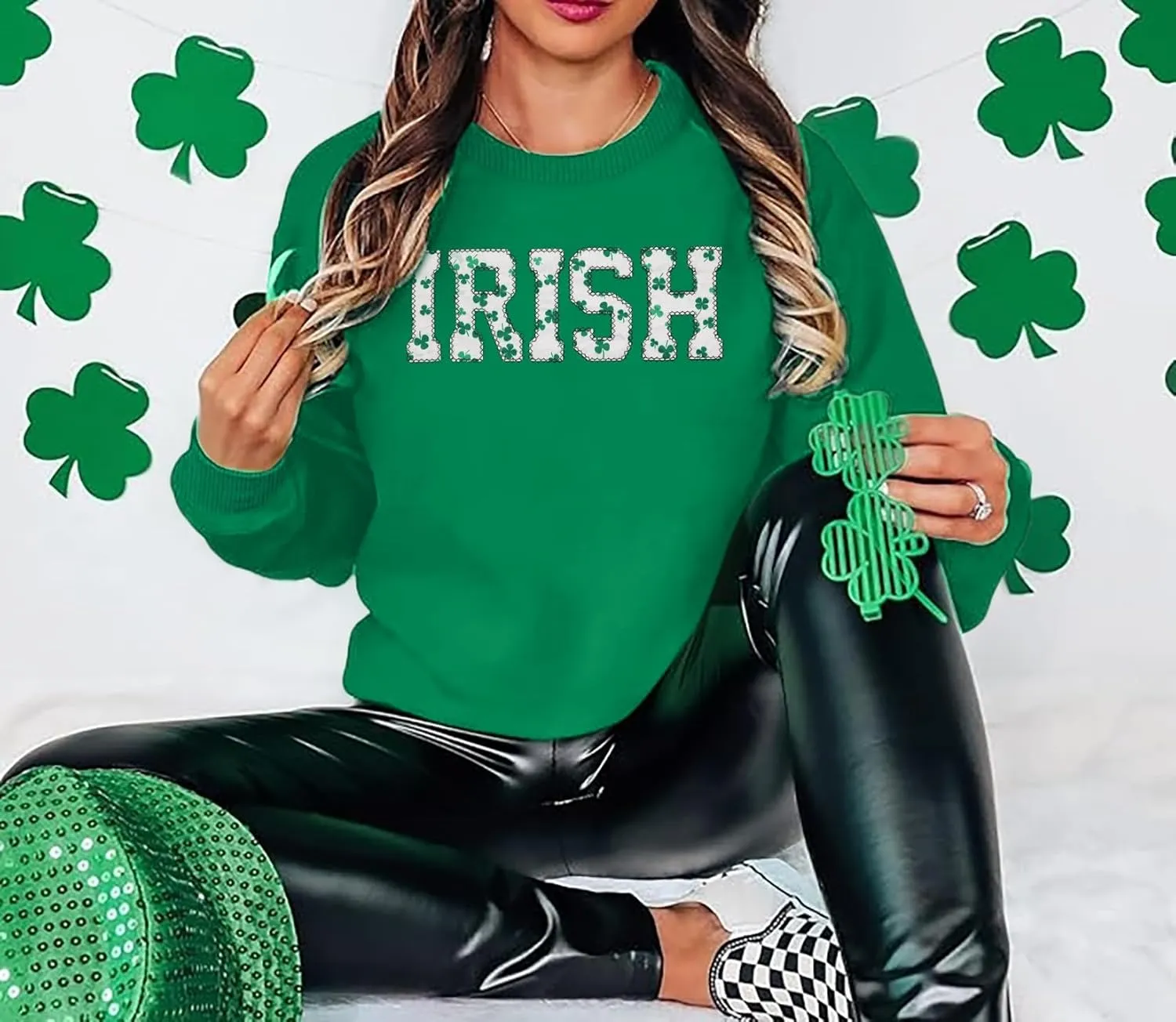 VVNTY St. Patrick's Day Sweatshirt for Women: Embroidered Lucky Shamrock Graphic Tee Shirts Paddy's Day Pullover Tops