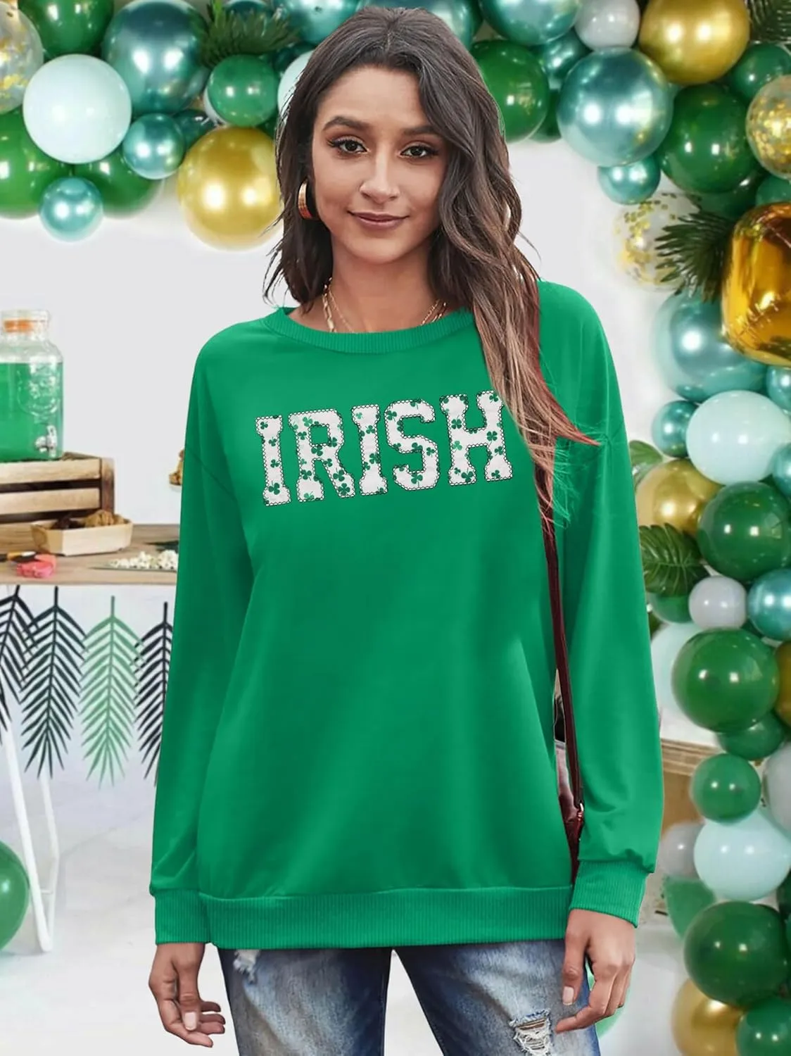 VVNTY St. Patrick's Day Sweatshirt for Women: Embroidered Lucky Shamrock Graphic Tee Shirts Paddy's Day Pullover Tops