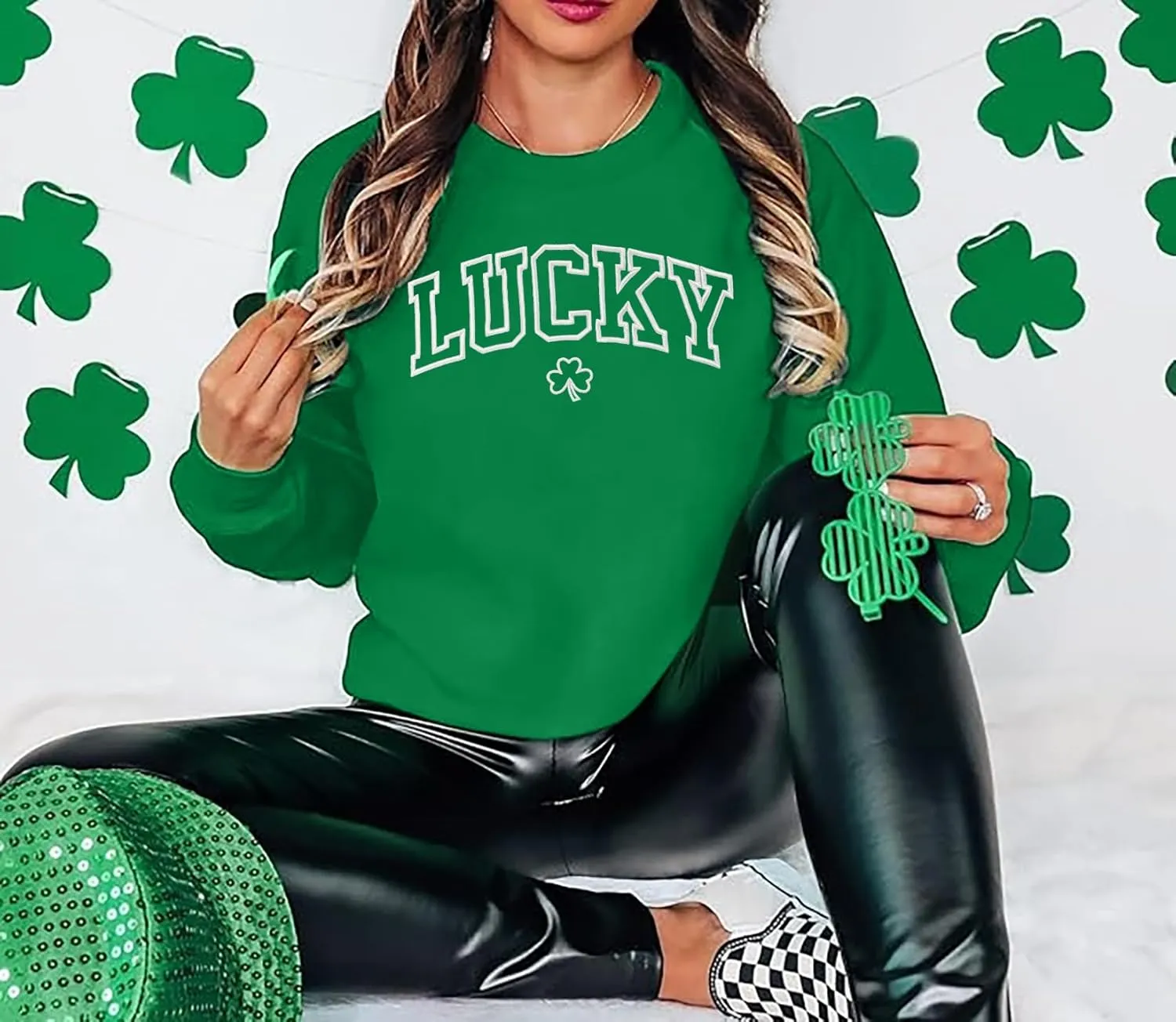 VVNTY St. Patrick's Day Sweatshirt for Women: Embroidered Lucky Shamrock Graphic Tee Shirts Paddy's Day Pullover Tops
