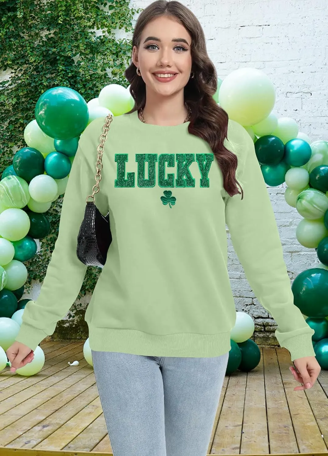 VVNTY St. Patrick's Day Sweatshirt for Women: Embroidered Lucky Shamrock Graphic Tee Shirts Paddy's Day Pullover Tops