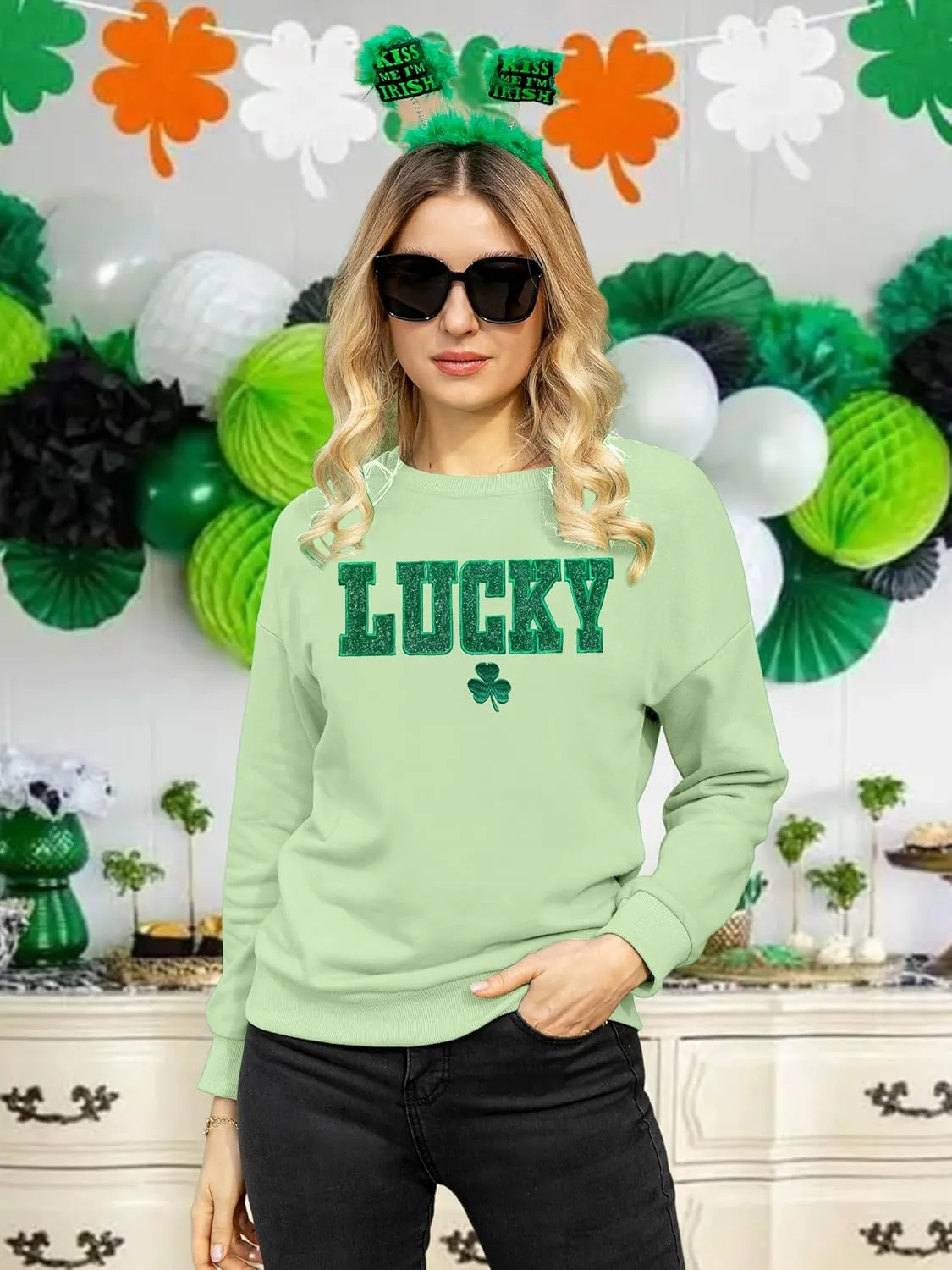 VVNTY St. Patrick's Day Sweatshirt for Women: Embroidered Lucky Shamrock Graphic Tee Shirts Paddy's Day Pullover Tops