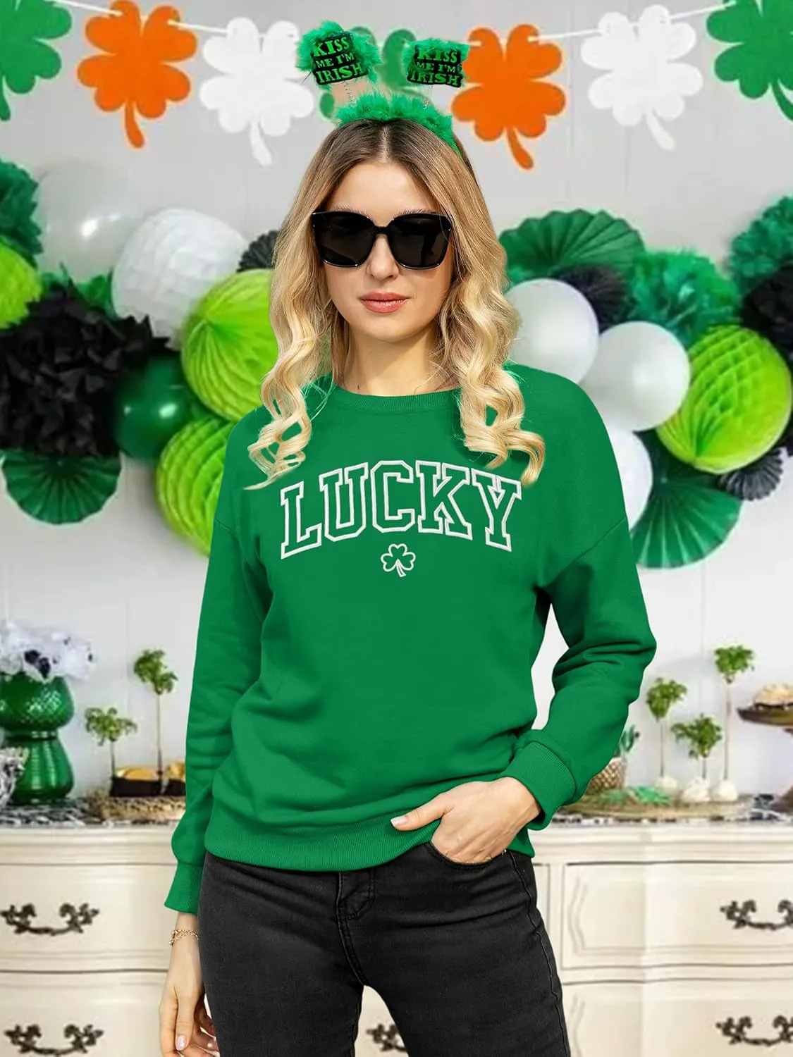 VVNTY St. Patrick's Day Sweatshirt for Women: Embroidered Lucky Shamrock Graphic Tee Shirts Paddy's Day Pullover Tops