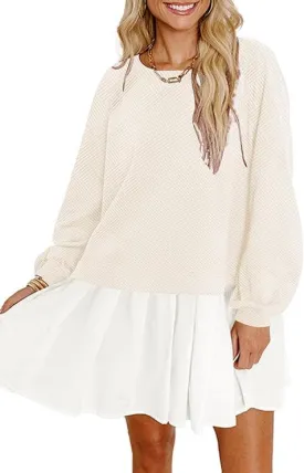 Womens Crew Neck Sweatshirt Dress 2025 Trendy Fall Long Sleeve Pullover Tops Casual Flowy Patchwork Mini Dresses