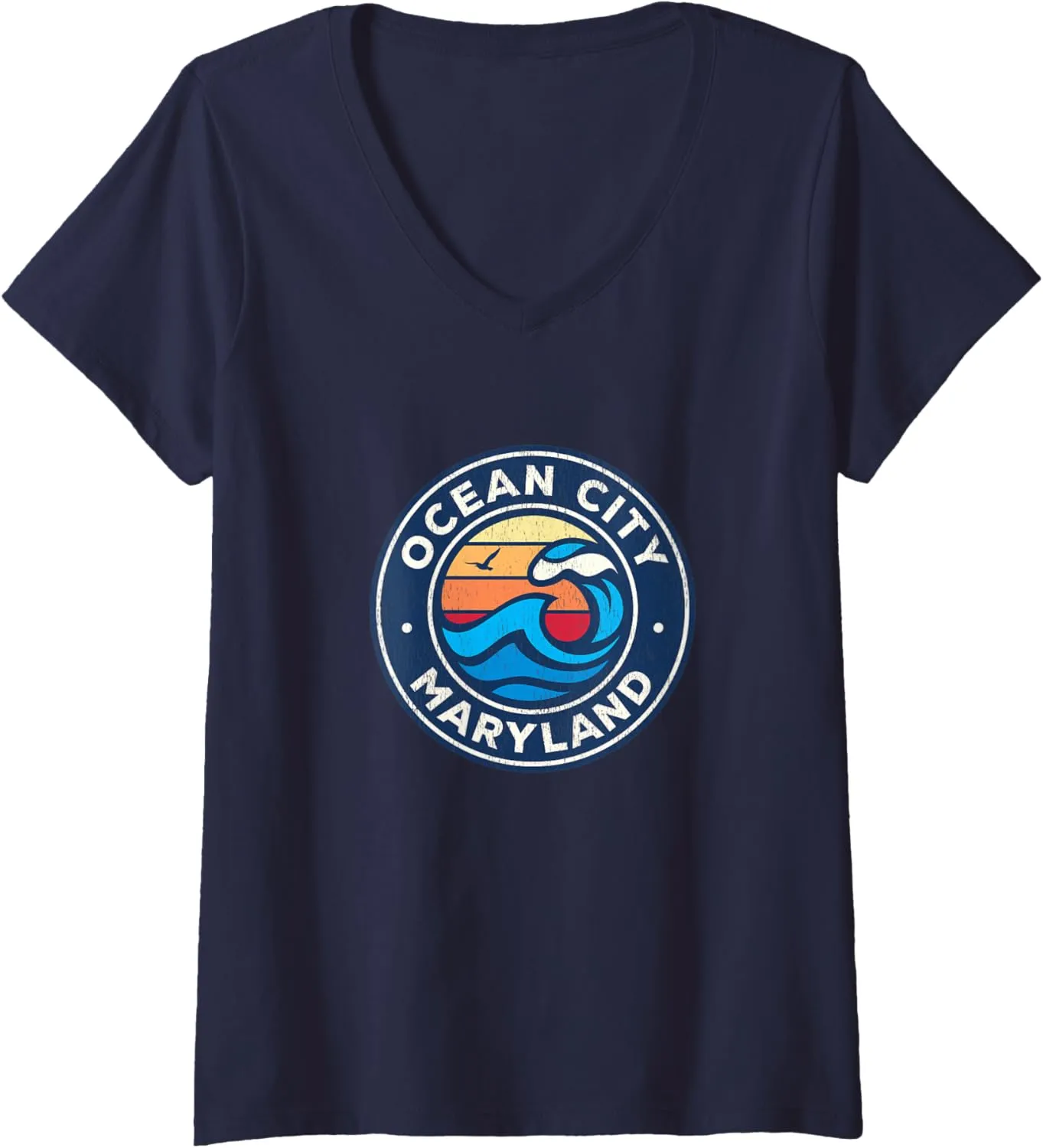 Womens Ocean City Maryland MD Vintage Nautical Waves Design V-Neck T-Shirt