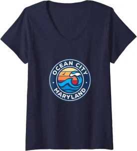 Womens Ocean City Maryland MD Vintage Nautical Waves Design V-Neck T-Shirt
